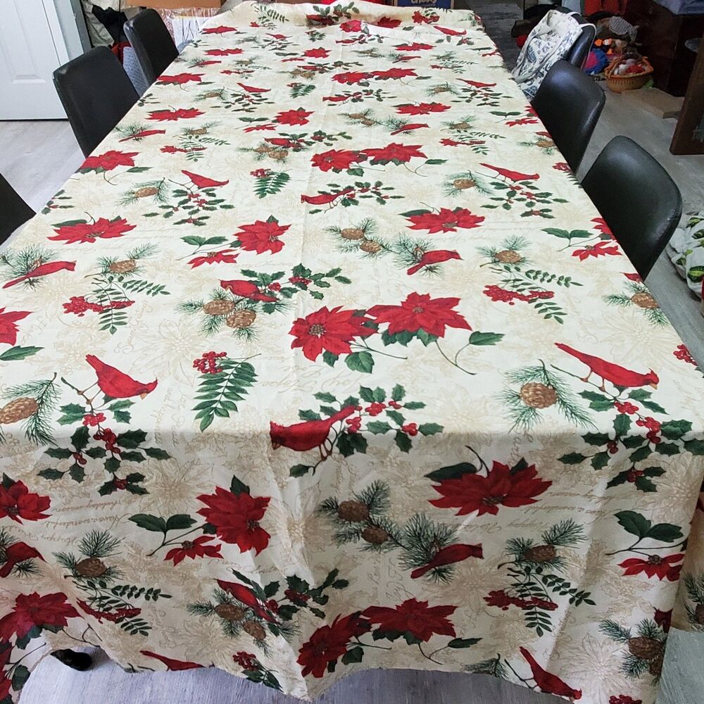 Vintage Tablecloth Red Gold Cardinal Bird Holly 58x118" XL Washes Christmas Flaw